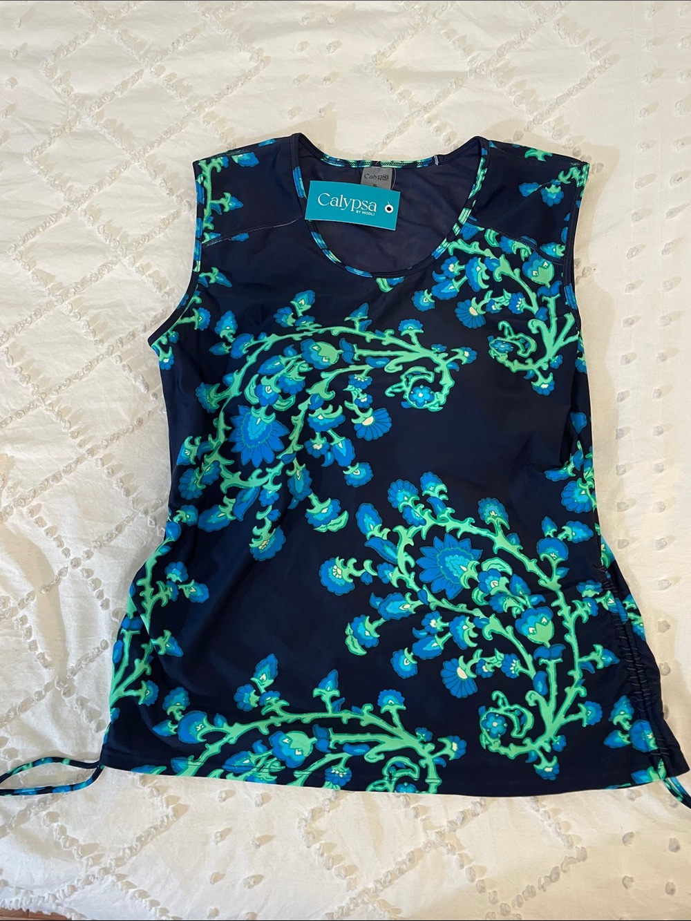 Calypsa by Modli Navy Floral-Print Women's Swim Top rash guard nwt